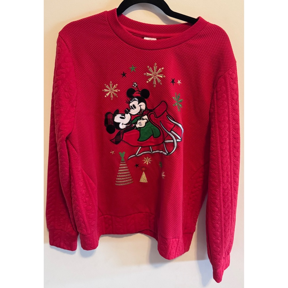 Disney Store Mickey Minnie Mouse Red Christmas Sleigh Red Quilted Sweatshirt L